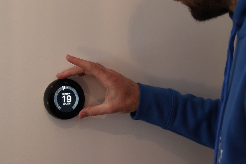 A smart speaker, video doorbell box and smart bulbs arranged on a kitchen counter.